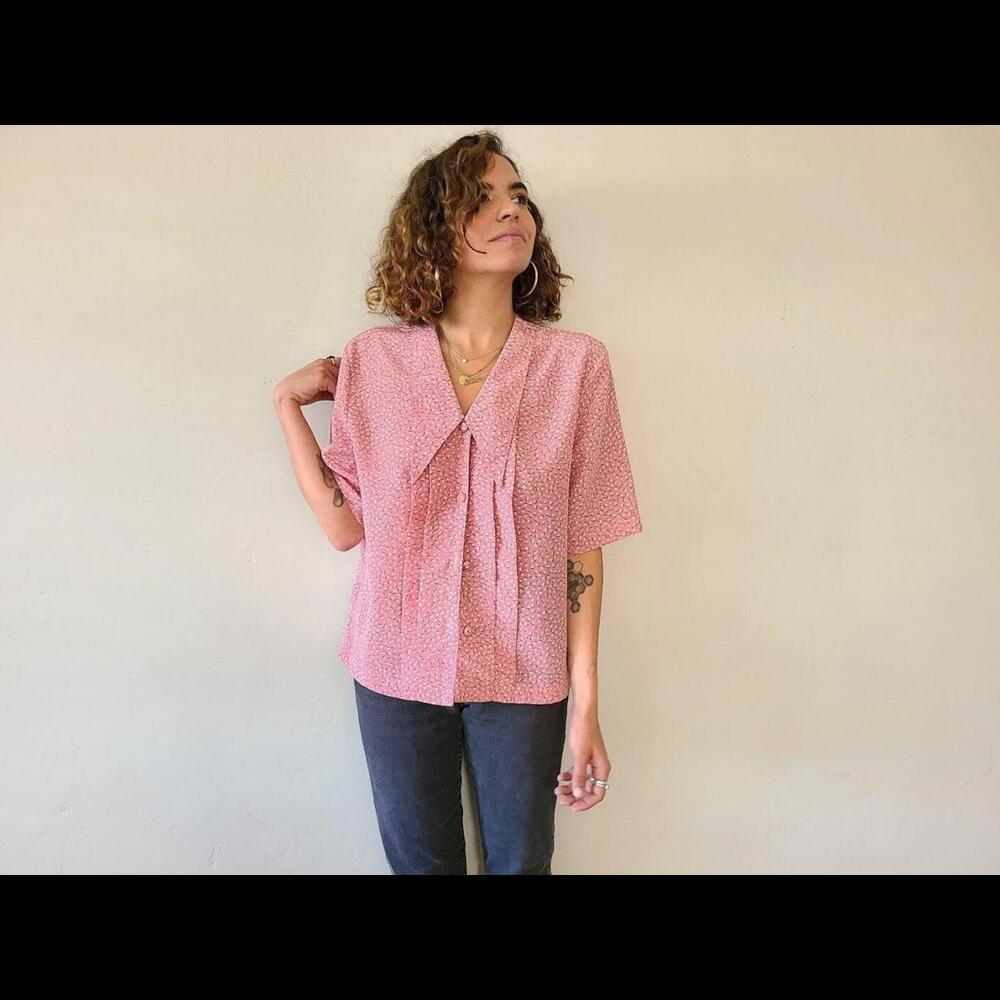 Vintage 80s Pink Blouse 1980s Eighties Floral Button up